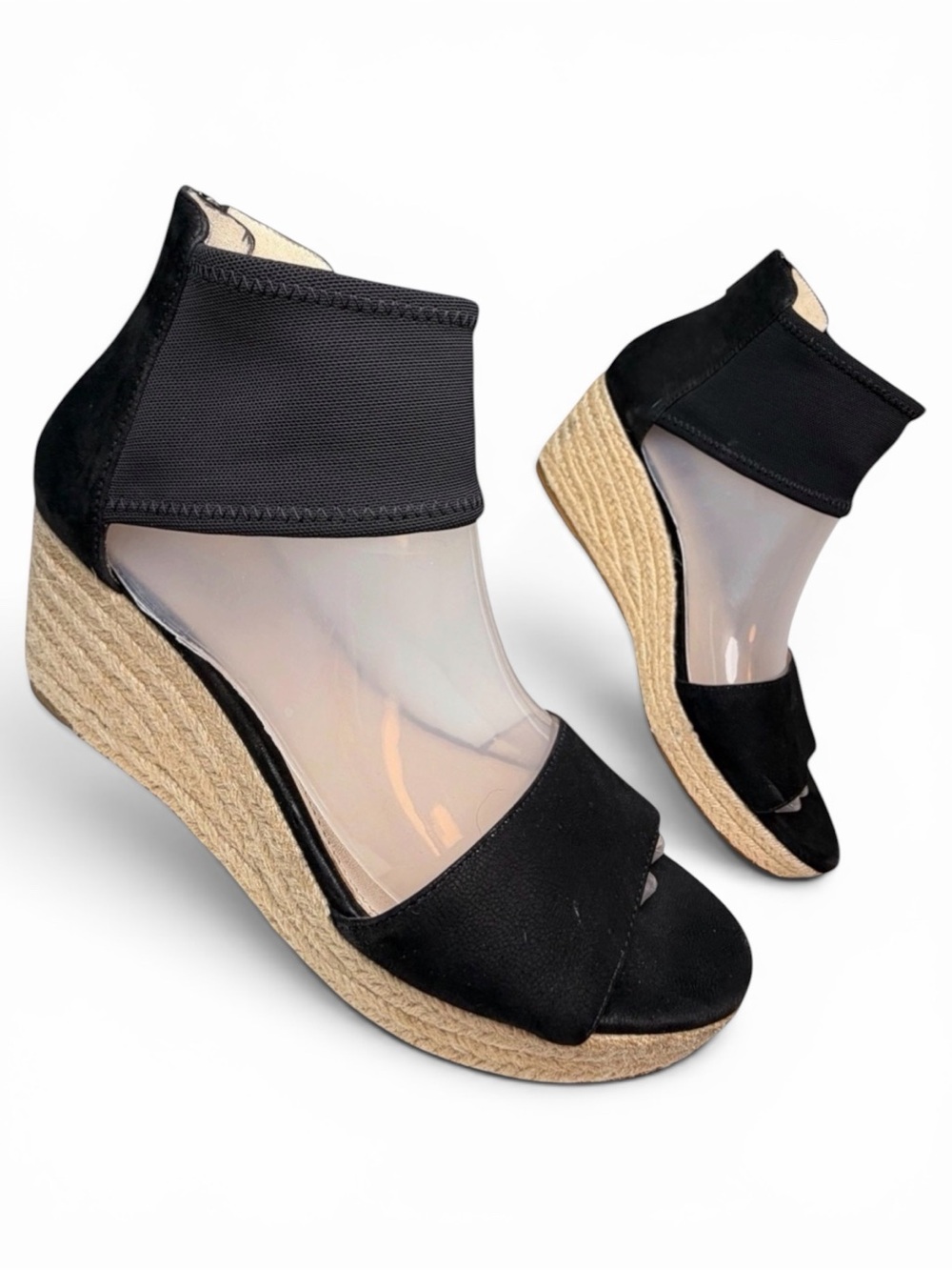 Pelle Moda Kona Black Leather Espadrille Wedge Sandals 9 Peep Toe Zip